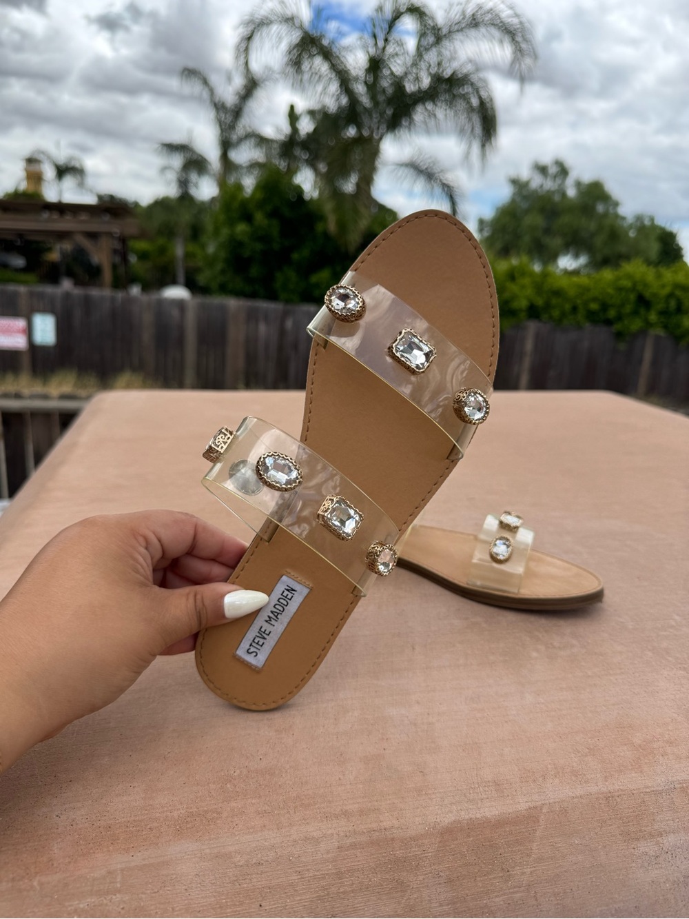 Steve Madden Clear Jeweled Slide Sandals